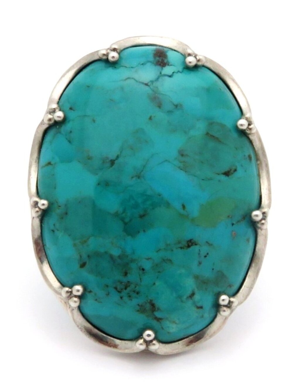 Vintage Sterling Silver Large Ornate Turquoise Scalloped Gemstone Ring Size 8